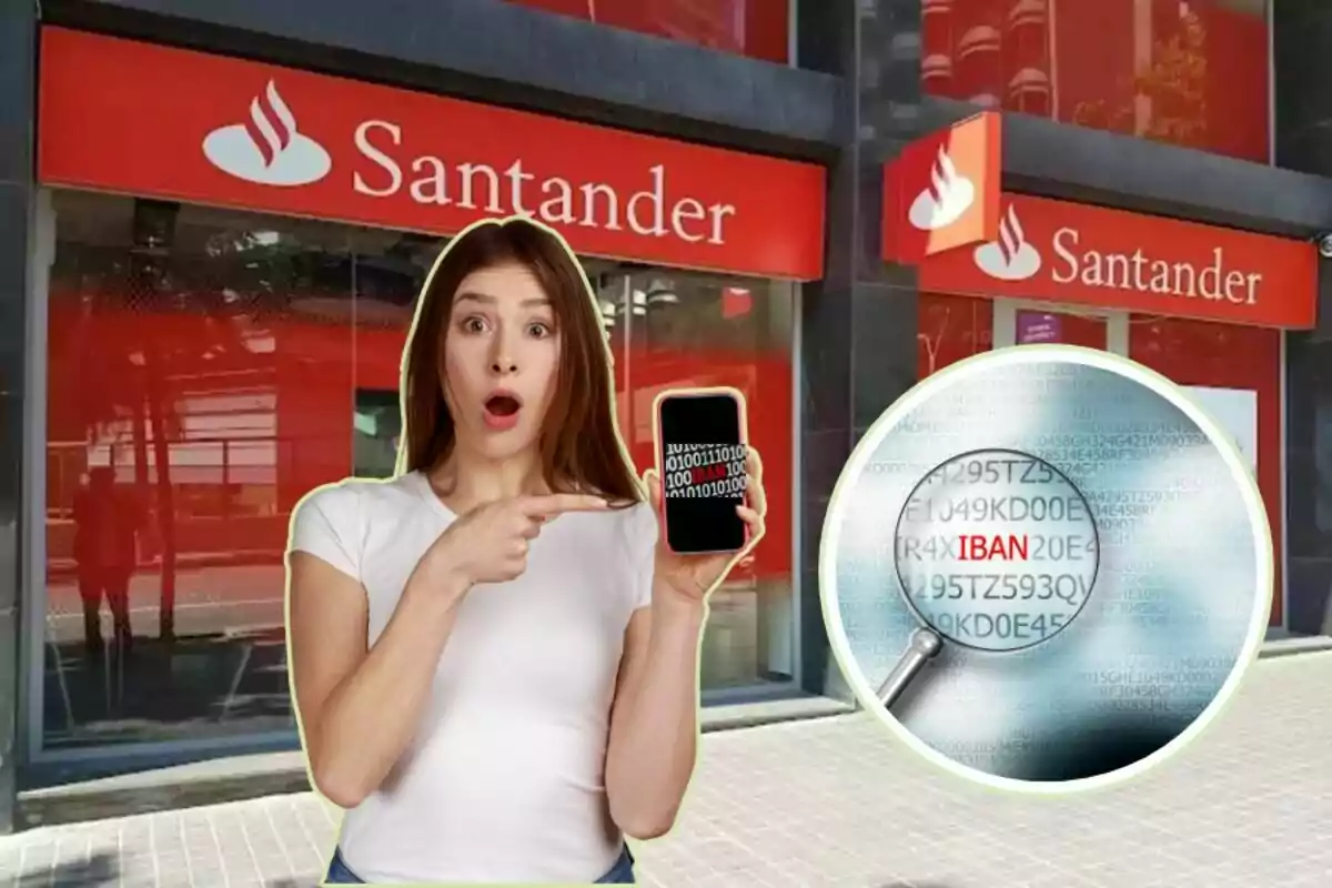 Una mujer sorprendida señala un teléfono móvil frente a una sucursal del banco Santander, con un gráfico de lupa que muestra un código IBAN.