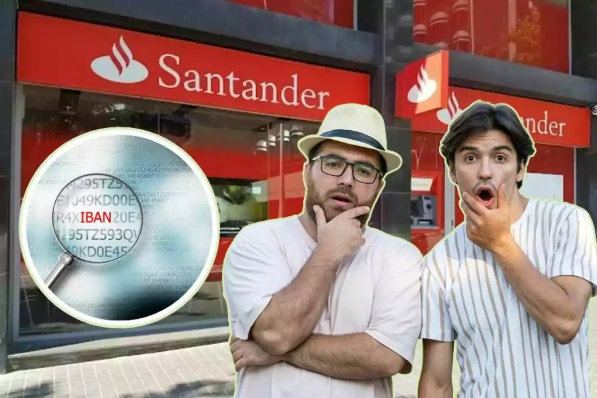 Dos homes amb expressions de sorpresa i confusió estan davant una sucursal del banc Santander, mentre una lupa ressalta la paraula "IBAN" en un fons de números.