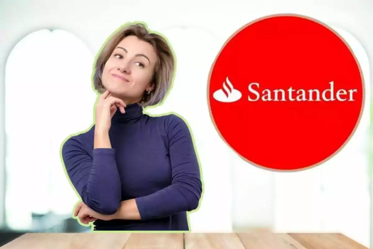 Una dona amb suèter blau fosc i expressió pensativa està dreta al costat d'un logotip vermell de Santander en un entorn interior il·luminat.