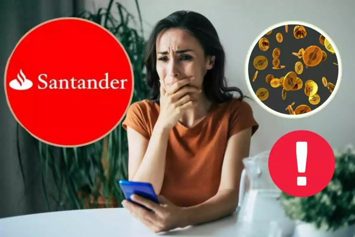 Una dona amb expressió preocupada sosté un telèfon mòbil, envoltada dels logotips de Santander, monedes i un signe d?exclamació.