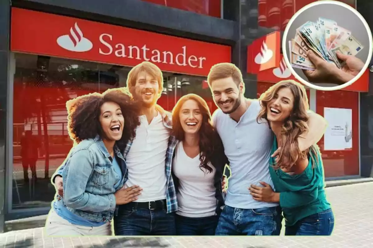 Un grup de persones somrients davant d?una sucursal del banc Santander amb una imatge inserida d?una mà sostenint bitllets.