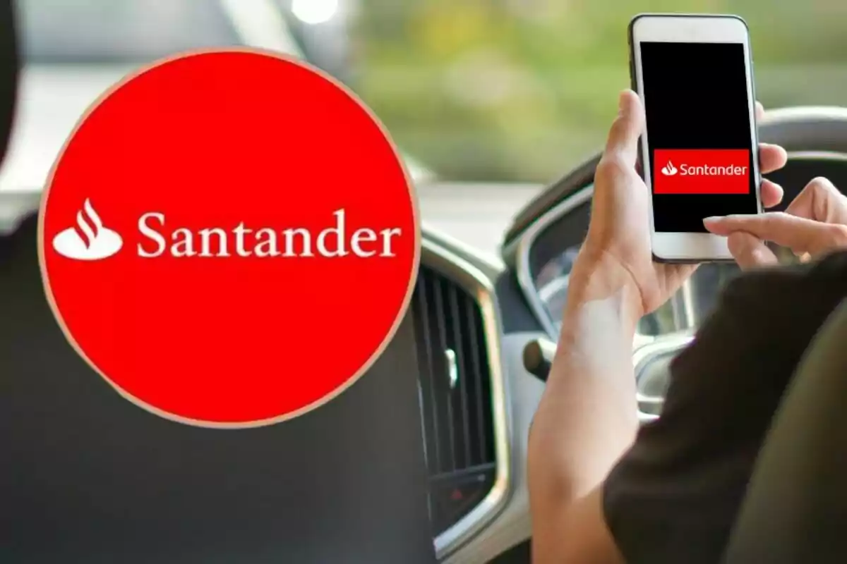 Una persona usant un telèfon mòbil amb laplicació de Santander oberta, amb el logotip de Santander en un cercle vermell a lesquerra.