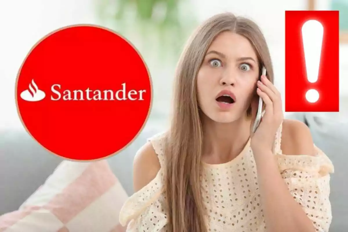 Dona sorpresa parlant per telèfon amb el logotip de Santander i un signe d'exclamació vermell al fons.