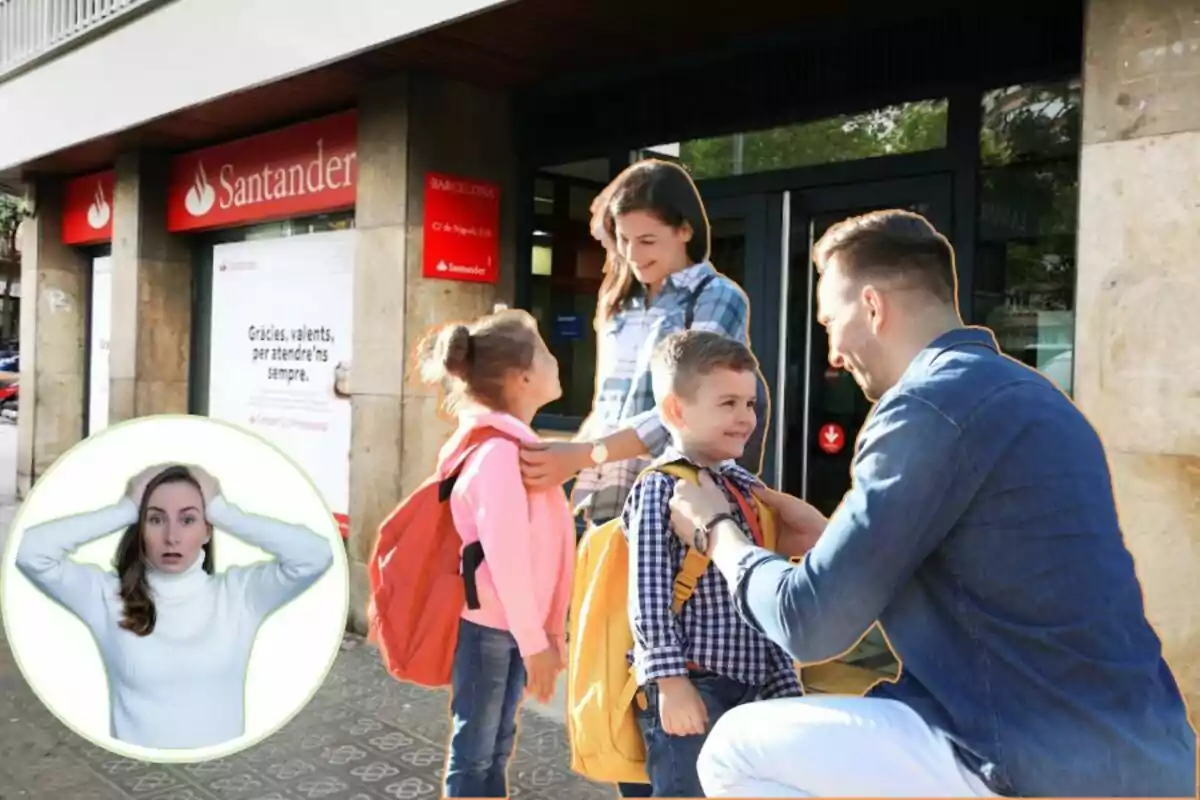 Una família ajuda els seus fills a preparar-se per a l'escola davant d'una sucursal del banc Santander, mentre una dona en un cercle sembla sorpresa.