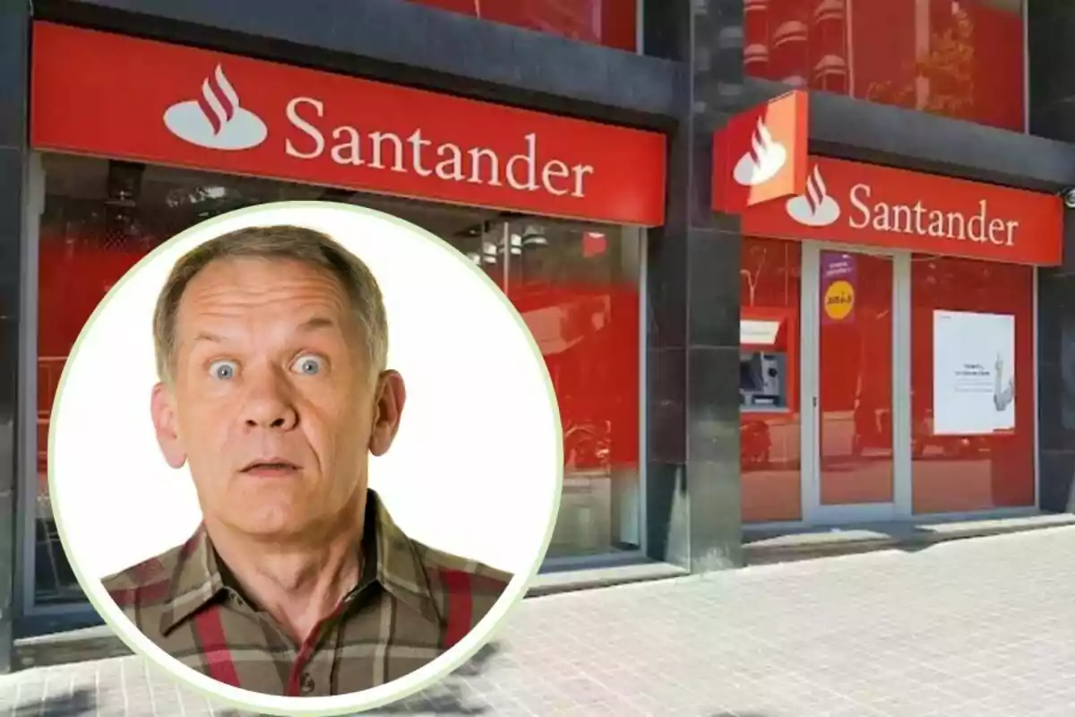 Un home amb expressió de sorpresa està superposat sobre una imatge d?una sucursal del banc Santander.