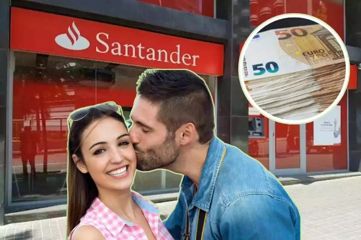 Una parella somrient es troba davant d'una sucursal del banc Santander, amb un home fent un petó a una dona a la galta i un cercle que mostra bitllets de 50 euros.