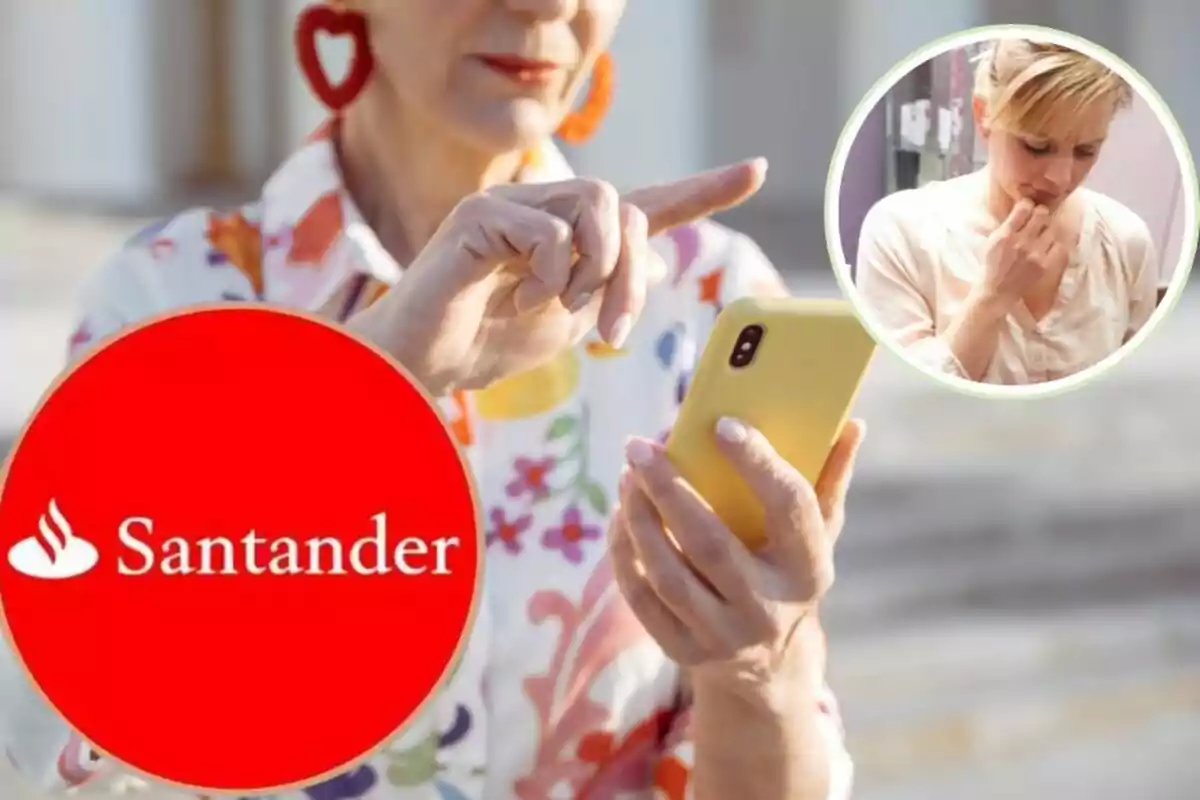 Una dona gran usant un telèfon mòbil amb el logotip de Santander en primer pla i una dona jove preocupada en un requadre.