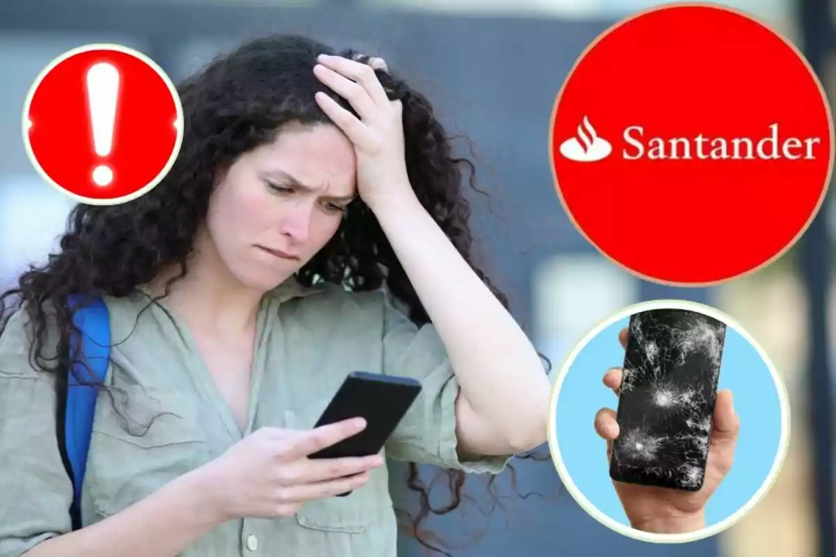 Dona preocupada mirant el telèfon amb logotip de Santander, una icona d'advertència i una imatge d'un telèfon trencat.