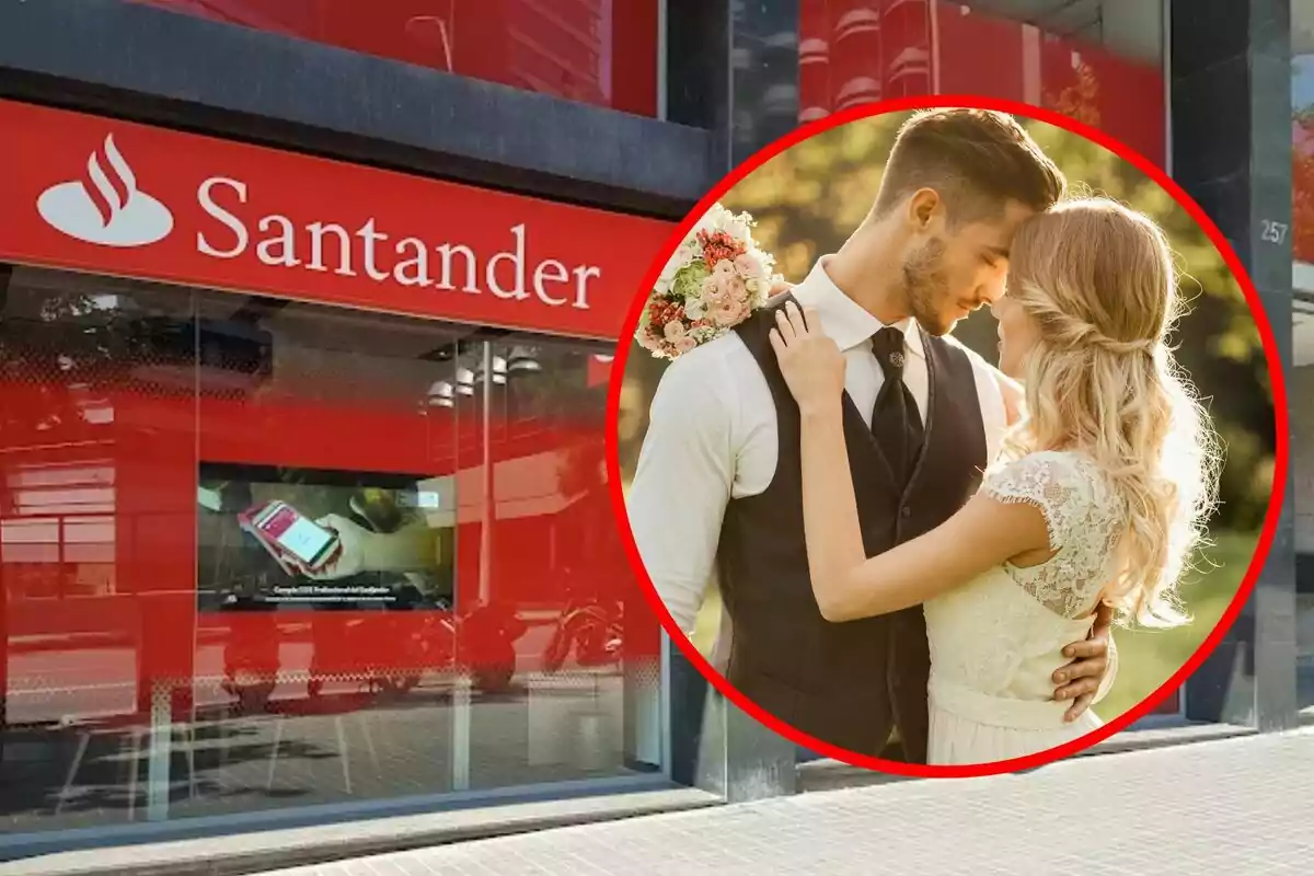 Façana d?una sucursal del banc Santander amb una imatge superposada d?una parella de Novios abraçant-se.