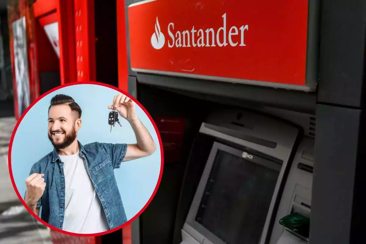 Imatge de fons d'un caixer del Banco Santander i una altra imatge d'una persona amb unes claus de cotxe a la mà Imatge de fons d'un caixer del Banco Santander i una altra imatge d'una persona amb unes claus de cotxe a la mà
