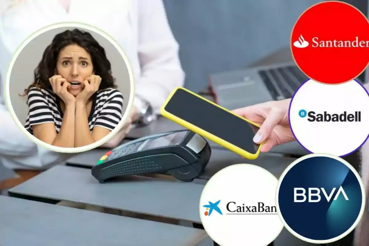 Una dona amb expressió de preocupació en un cercle, amb una mà sostenint un telèfon mòbil sobre un terminal de pagament, envoltada de logotips de bancs com Santander, Sabadell, CaixaBank i BBVA.