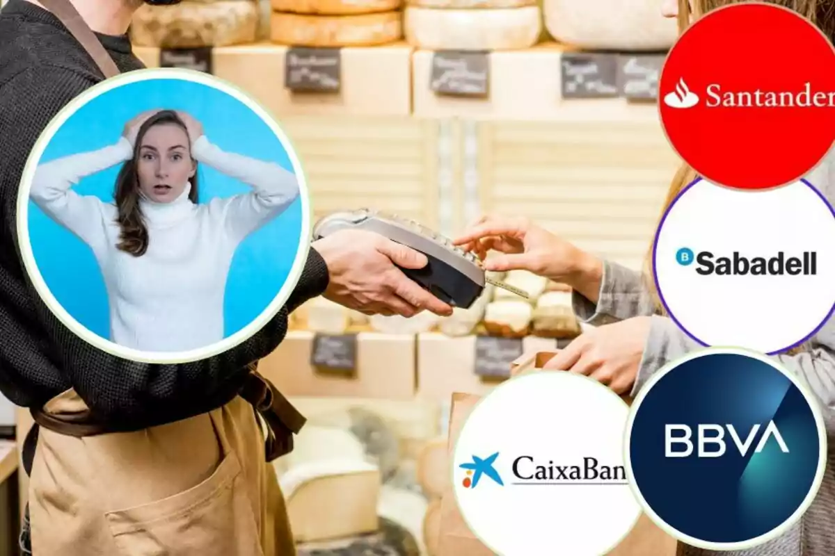 Una persona en una botiga està fent un pagament amb targeta, mentre una altra persona sosté el terminal de pagament; a la imatge també es veuen els logotips dels bancs Santander, Sabadell, CaixaBank i BBVA, i una dona amb expressió de sorpresa o preocupació.