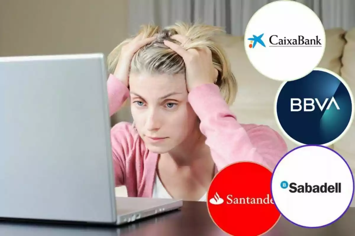 Dona estressada davant d'un ordinador portàtil amb logotips de bancs com CaixaBank, BBVA, Santander i Sabadell al voltant.