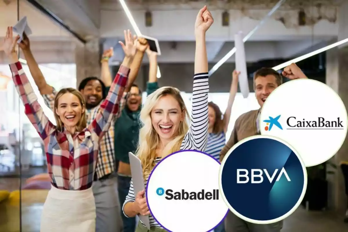 Un grup de persones celebrant amb els logotips de Sabadell, BBVA i CaixaBank superposats a la imatge.