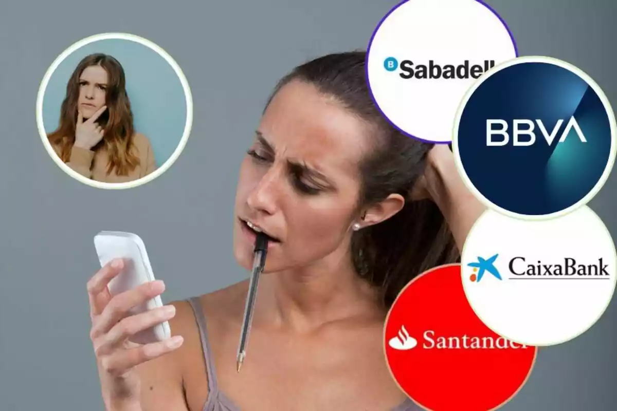 Una dona sosté un telèfon mòbil mentre mossega un bolígraf, envoltada de logotips de bancs com Sabadell, BBVA, CaixaBank i Santander, i una imatge d?una altra dona pensativa.