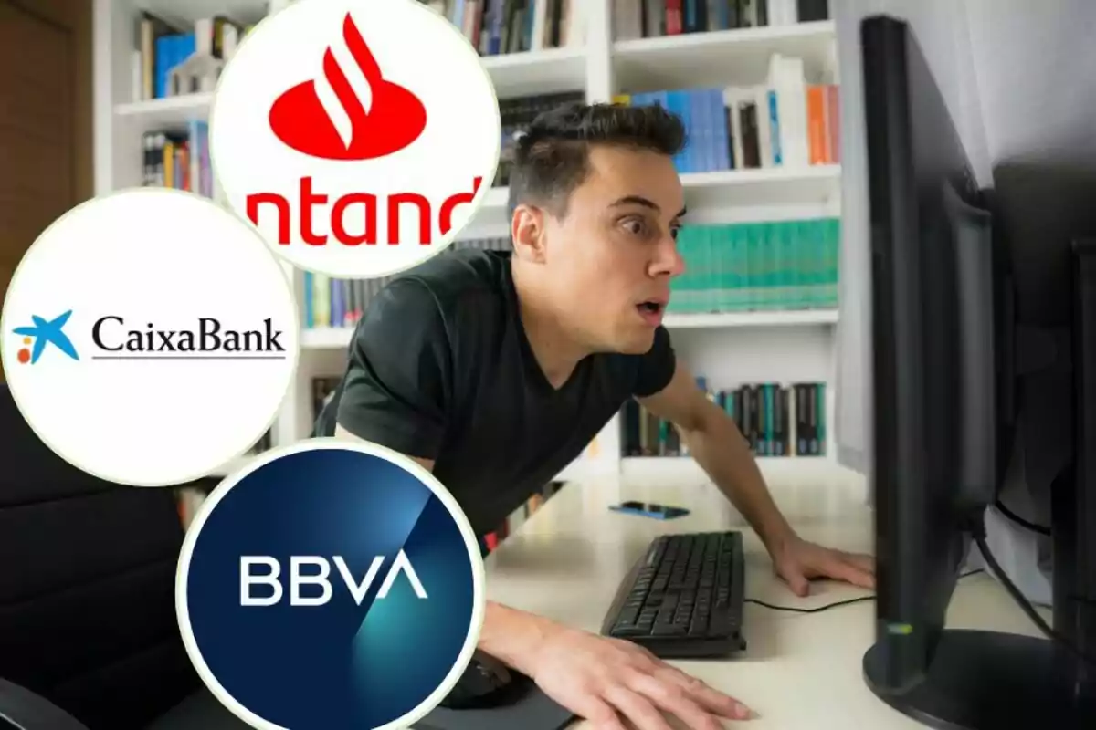 Un home sorprès davant d'un ordinador amb els logotips de Santander, CaixaBank i BBVA superposats.