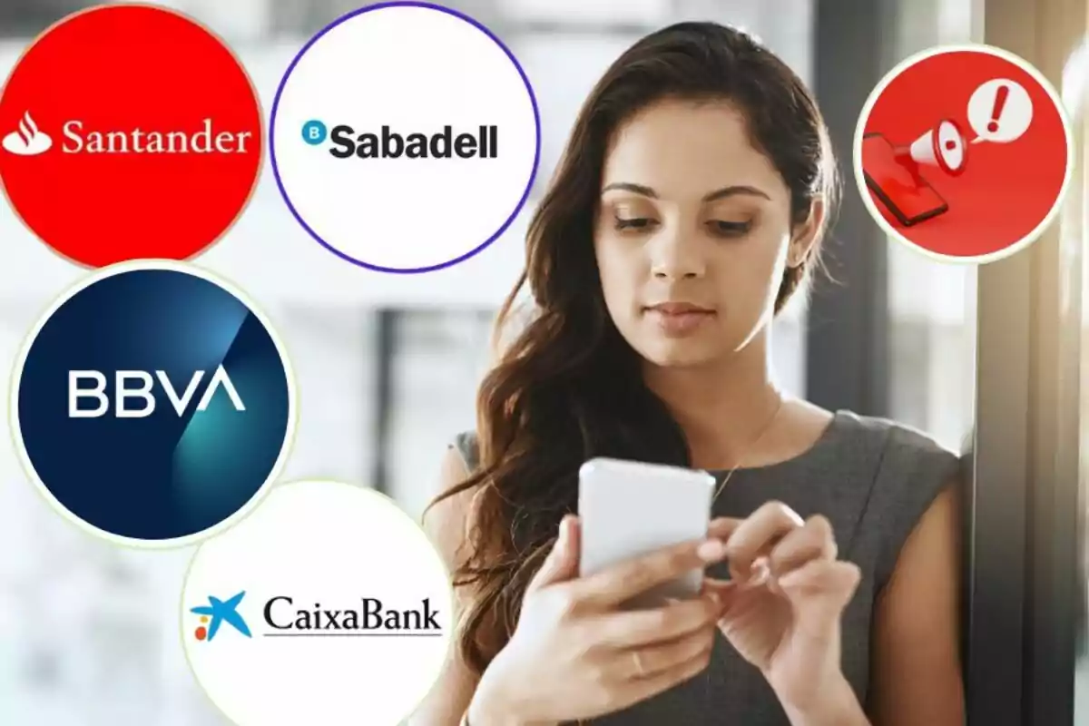 Una dona usant un telèfon mòbil envoltada de logotips de bancs com Santander, Sabadell, BBVA i CaixaBank.