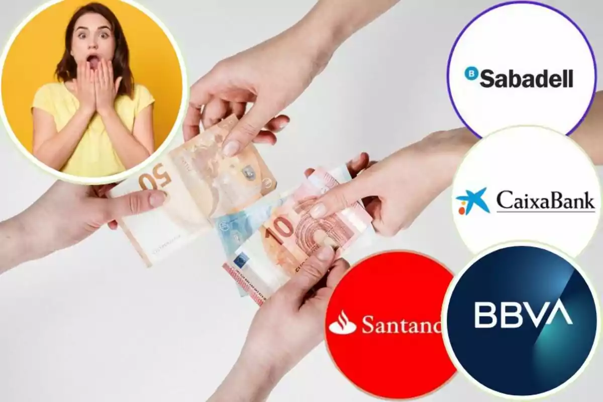 Una dona sorpresa en un cercle verd, mans intercanviant bitllets d?euro i logotips de bancs com Sabadell, CaixaBank, Santander i BBVA.