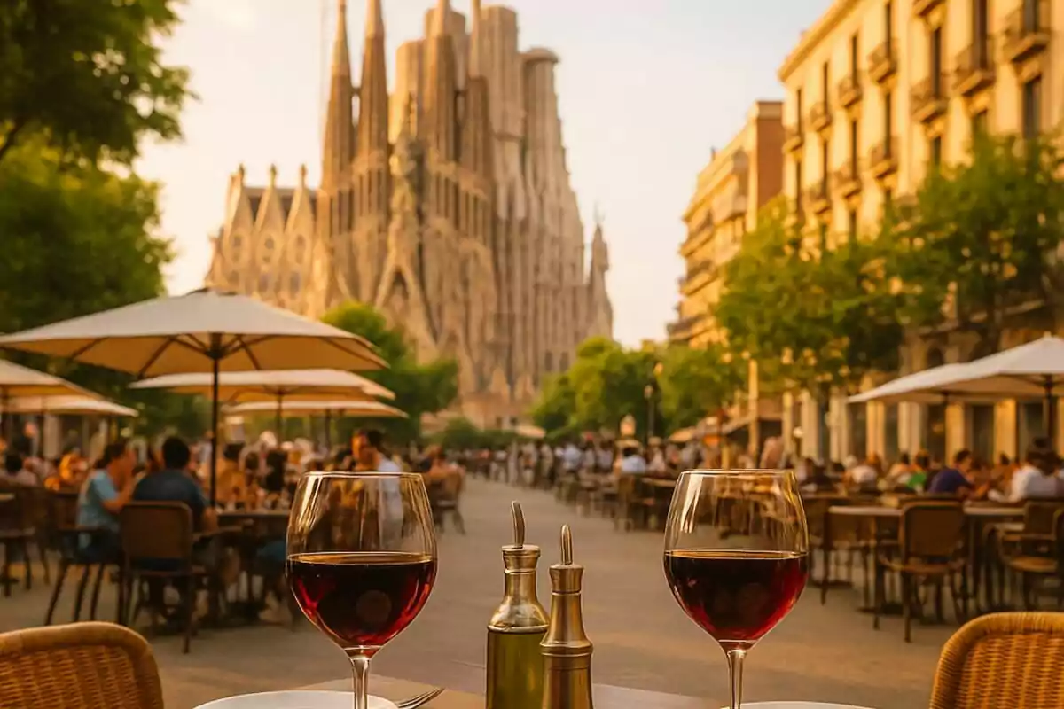 Dos copas de vino en una mesa al aire libre con una catedral de fondo y sombrillas alrededor.