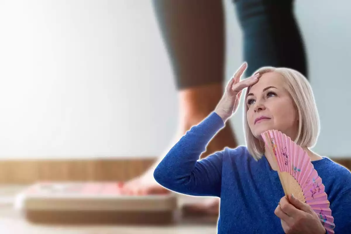 Woman with heat and fan and person on a scale in the background