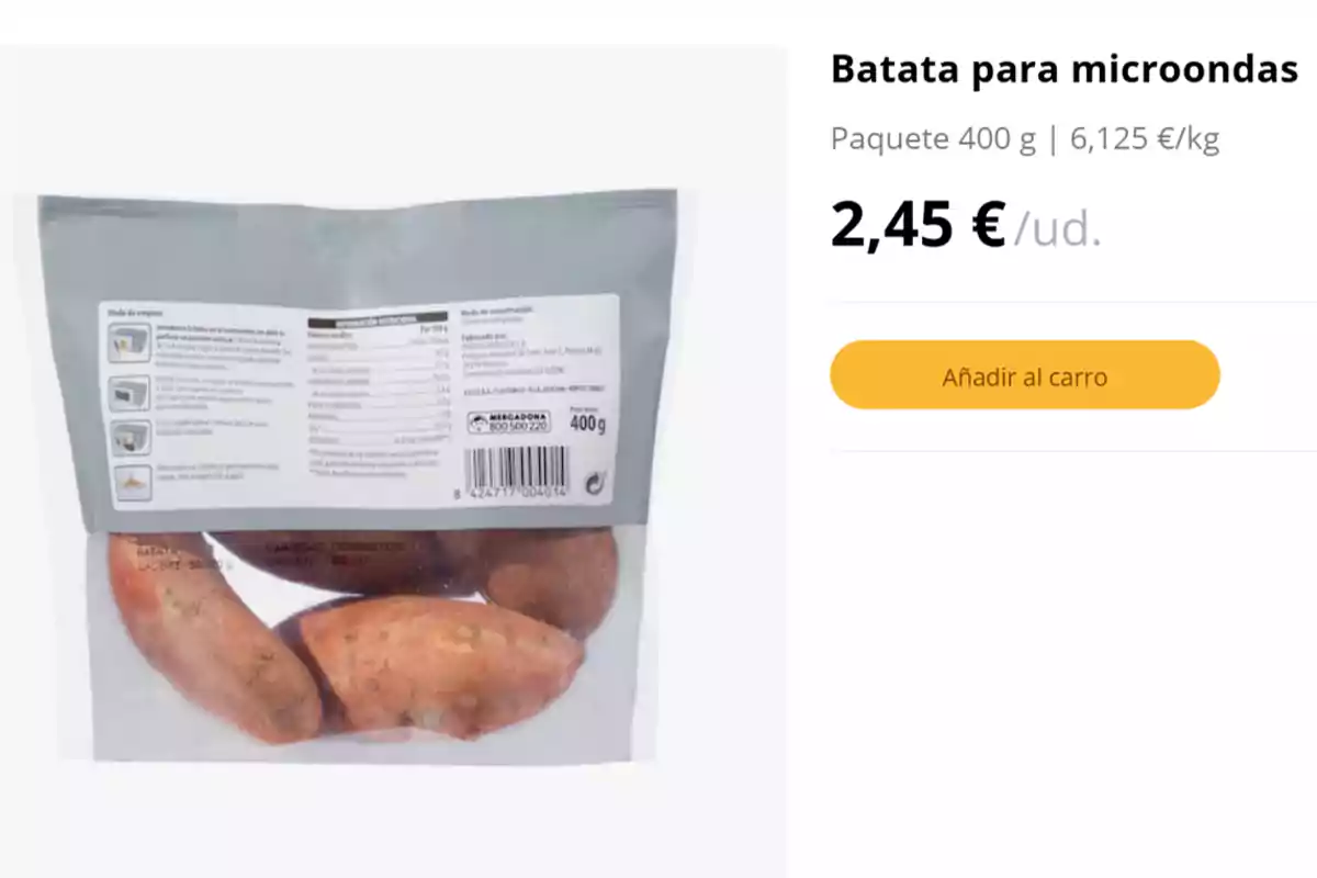 Paquet de batates per a microones de 400 g amb preu de 2,45 € per unitat i 6,125 € per kg, amb opció d'afegir a la cistella.