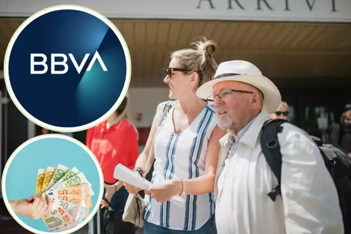 Persones a un aeroport amb logotip de BBVA i una mà sostenint bitllets d'euro.