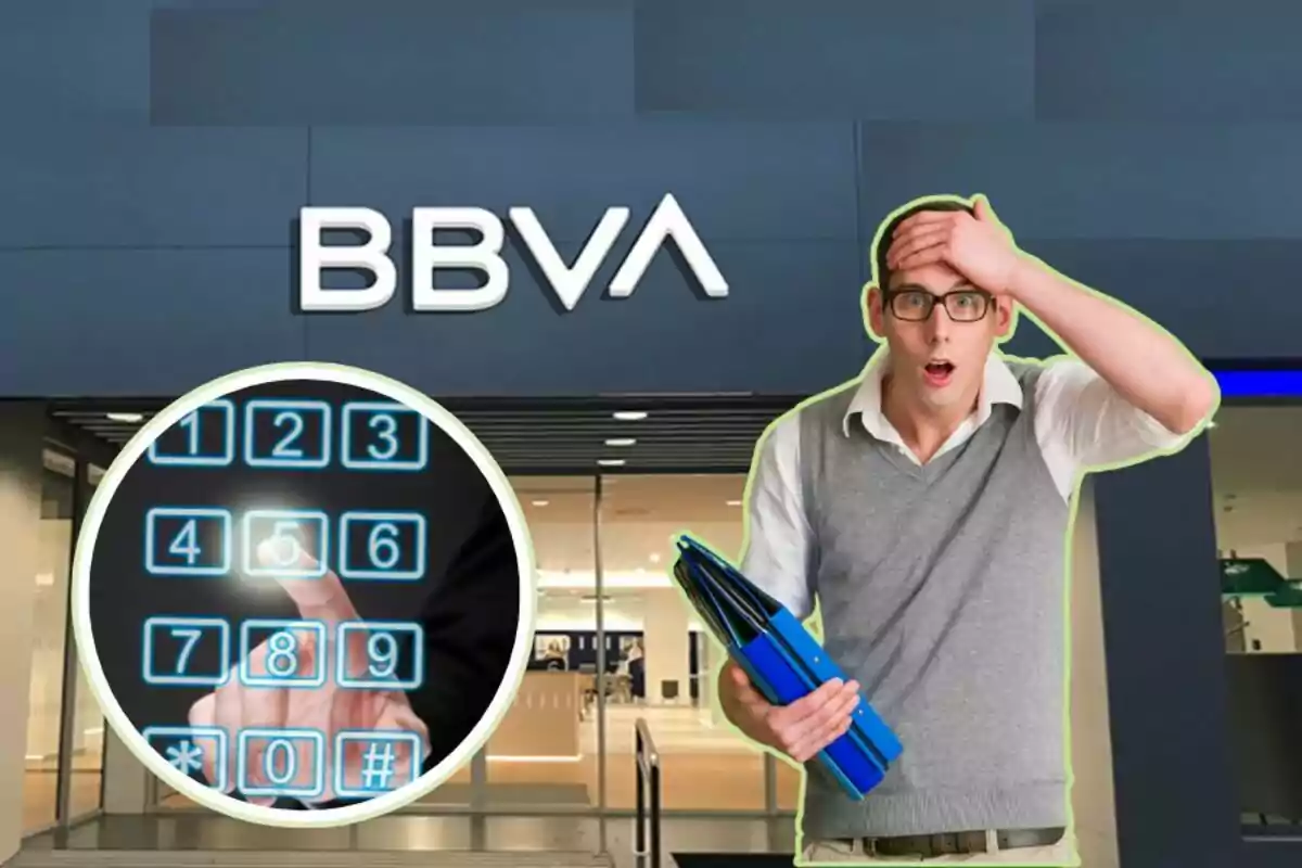 Un home sorprès amb ulleres i carpetes a la mà davant d'una sucursal de BBVA, amb un teclat numèric digital en primer pla.