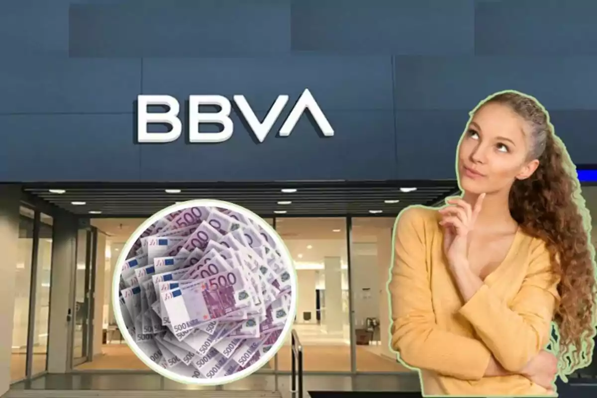 Dona pensativa davant d'una sucursal de BBVA amb una imatge de bitllets de 500 euros.