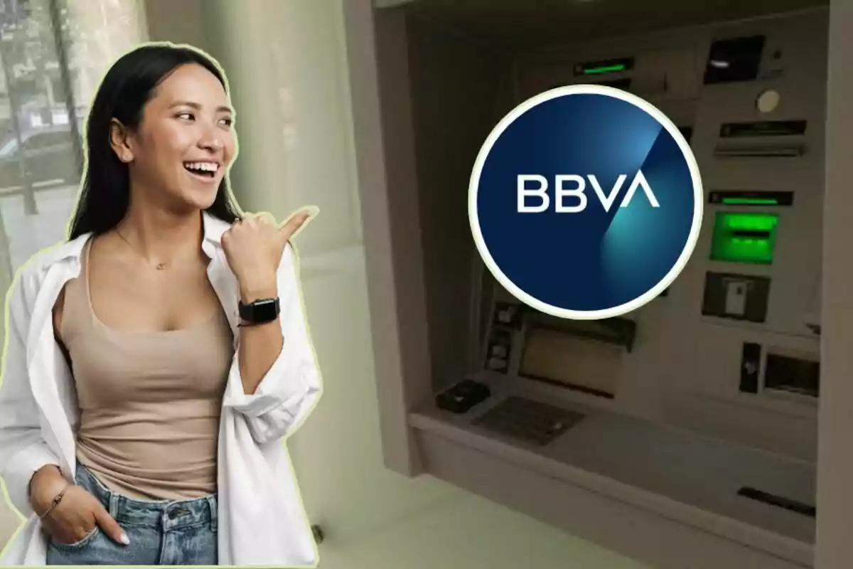 Smiling woman points to ATM with BBVA logo.