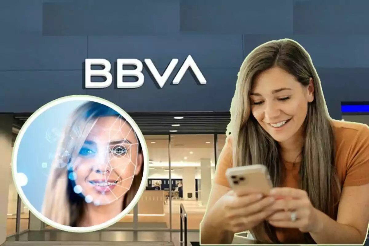 Dona somrient mentre fa servir un telèfon mòbil davant d'una sucursal de BBVA amb un gràfic de reconeixement facial superposat.