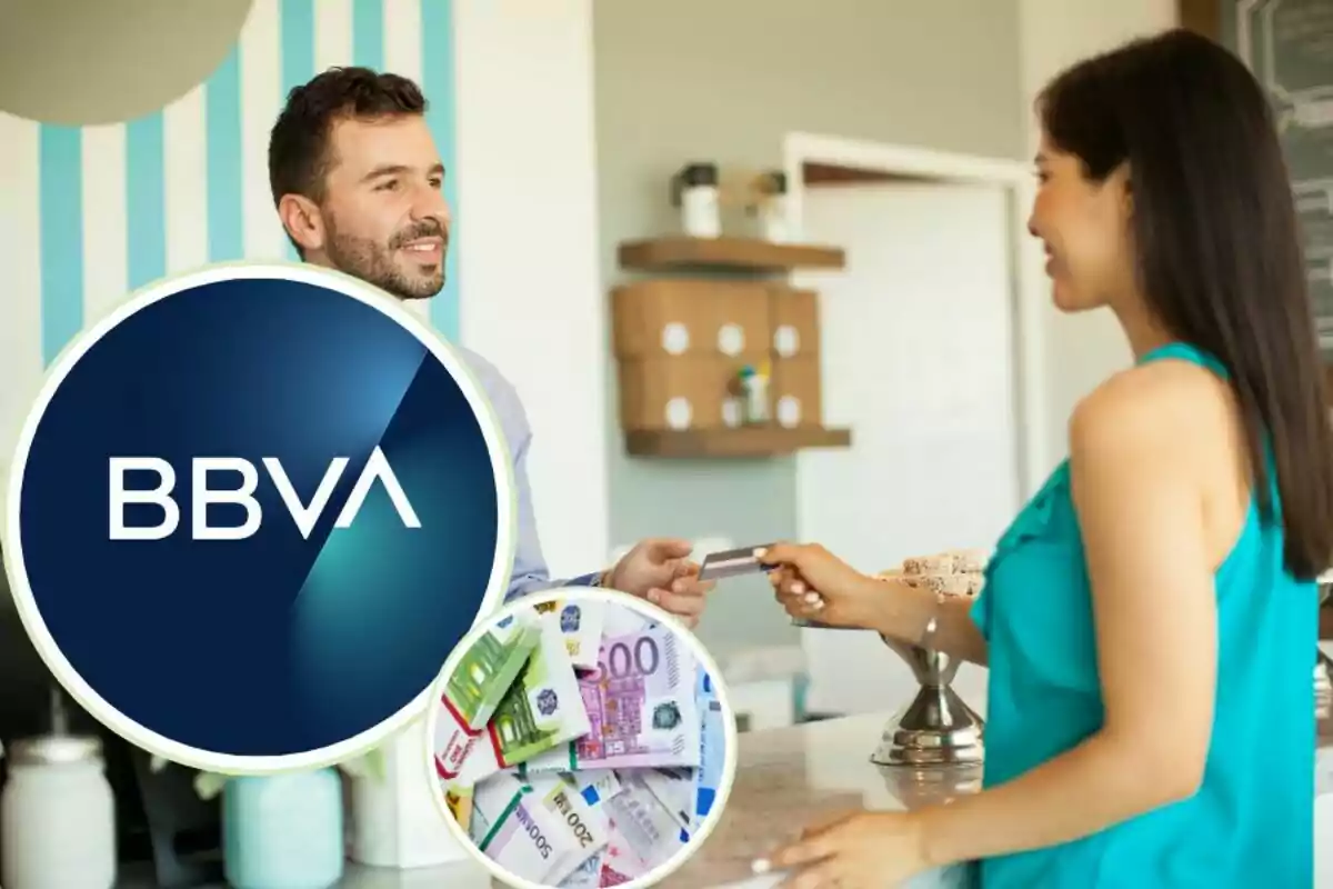 Una dona lliurant una targeta a un home en un taulell amb el logotip de BBVA i bitllets d'euro.