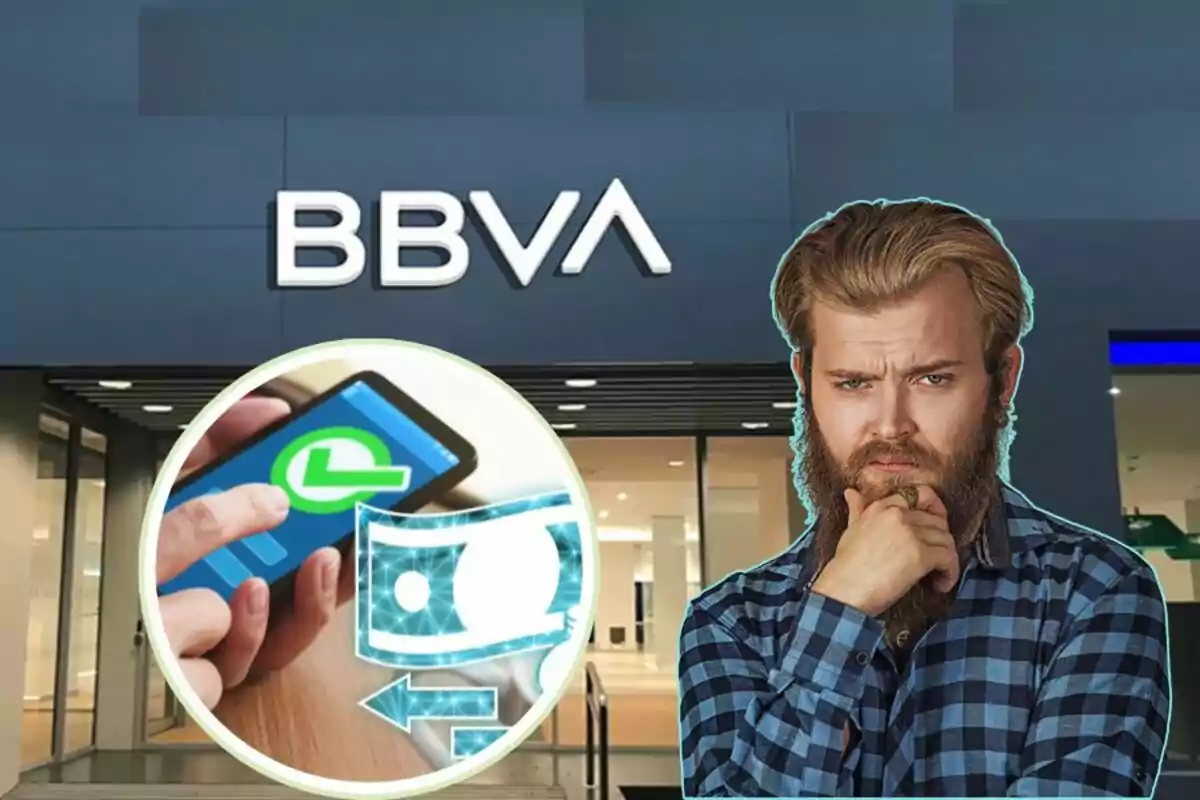 Un home pensatiu amb barba i camisa a quadres davant d'una sucursal de BBVA, amb un gràfic d'una mà usant un telèfon mòbil i una icona de transferència de diners.