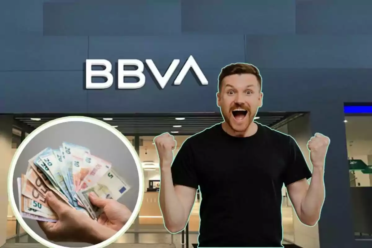 Un home emocionat davant d'una sucursal de BBVA amb una imatge de bitllets a la cantonada inferior esquerra.