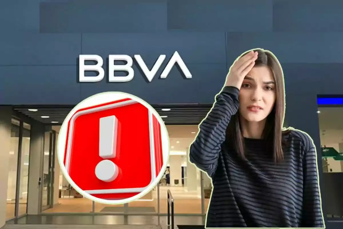 Una dona amb expressió preocupada davant d?una sucursal de BBVA i un símbol d?advertiment vermell.