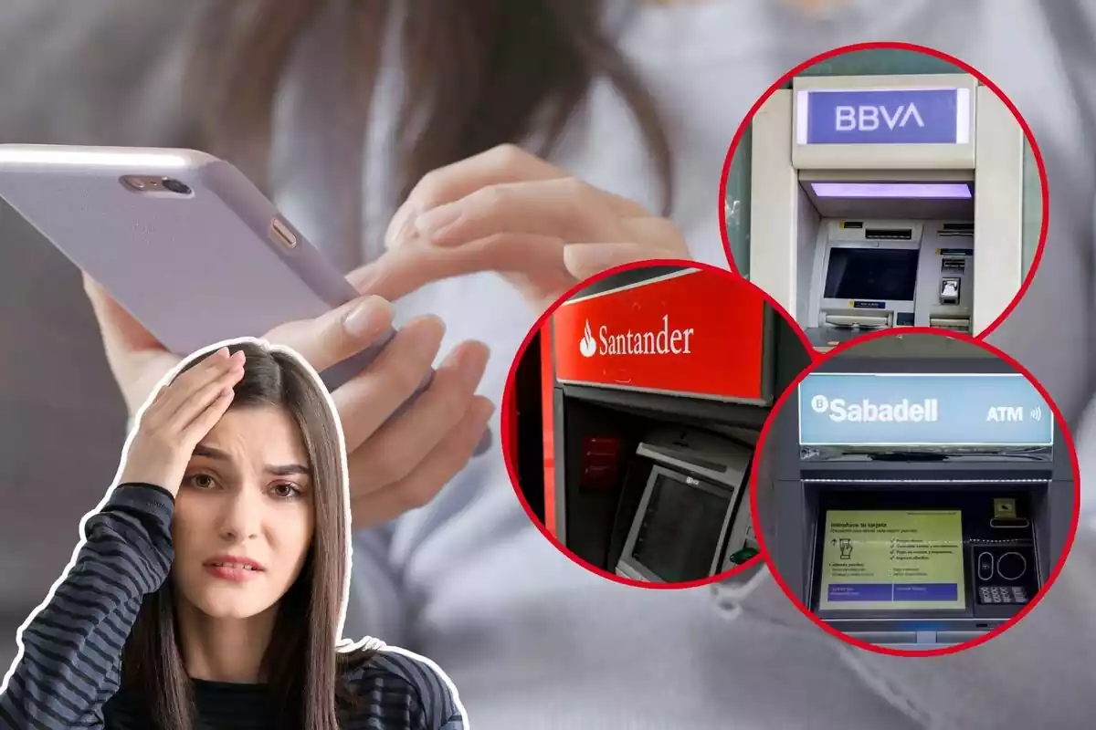 Imatge de fons d'una persona amb un mòbil a la mà, i d'altres dels caixers d'un BBVA, Banco Santander i Banc Sabadell, a més d'una dona en primer pla amb gest de preocupació