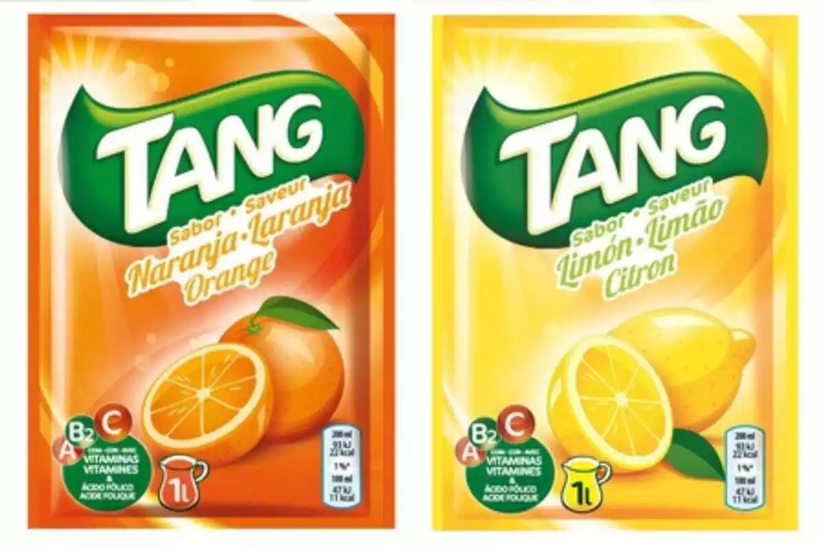 Fotomuntatge sobre de taronja de la marca Tang i sobre de llimona de la marca Tang