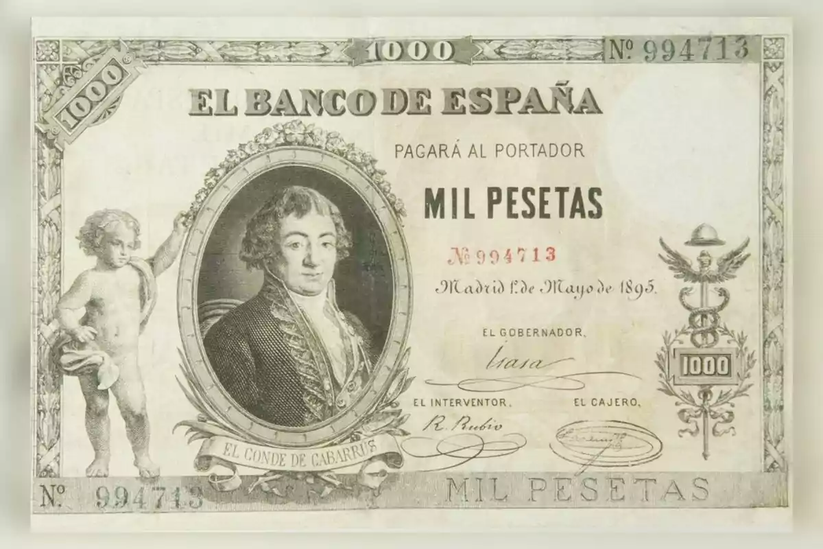 1000 peseta banknote issued by the Bank of Spain in 1895, bearing the image of Count Caparrós and serial number 994713.