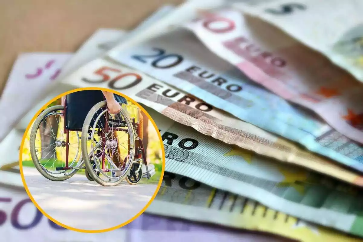 Muntatge amb bitllets d'euro i persona amb cadira de rodes