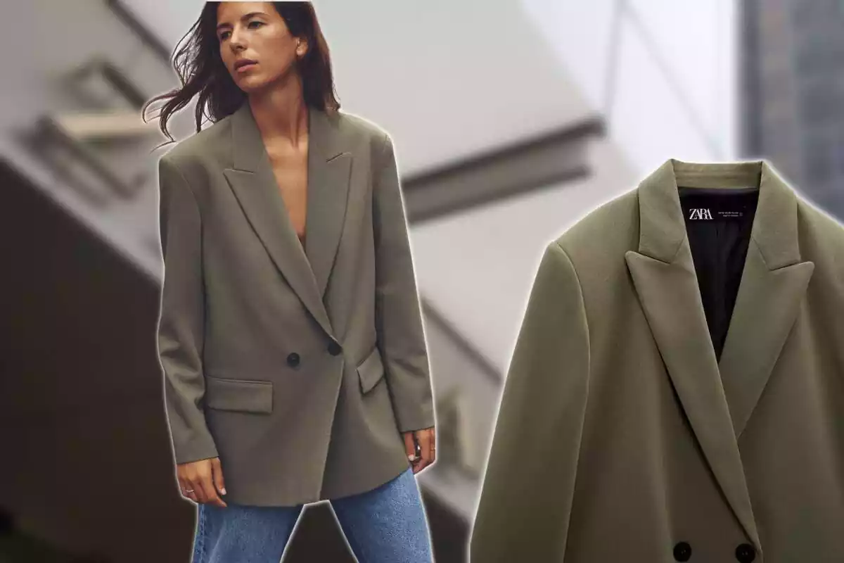 Model de Zara amb blazer oversize color khaki