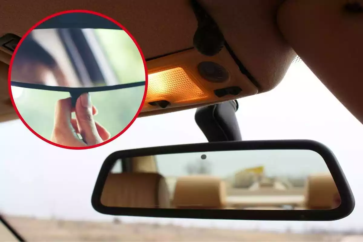 Muntatge amb el retrovisor interior d'un cotxe i un cercle amb una mà fent servir el botó d'un retrovisor interior