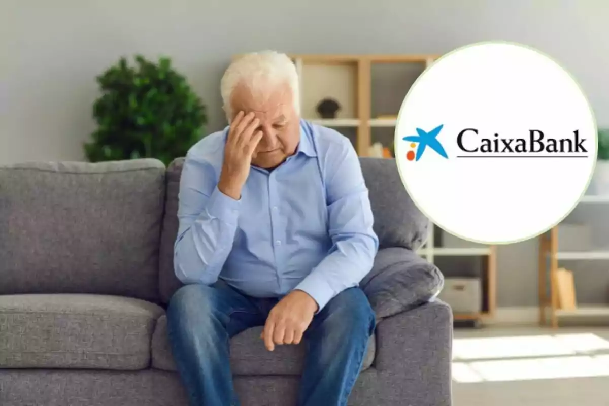 Un home gran assegut en un sofà amb expressió preocupada i el logotip de CaixaBank a la cantonada superior dreta.