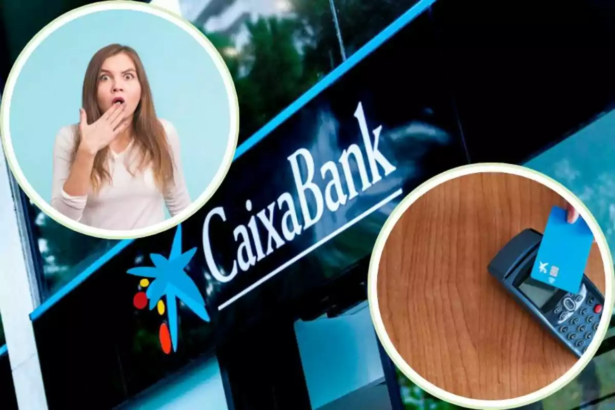 Una dona sorpresa, el logotip de CaixaBank i una targeta sent usada en un terminal de pagament.