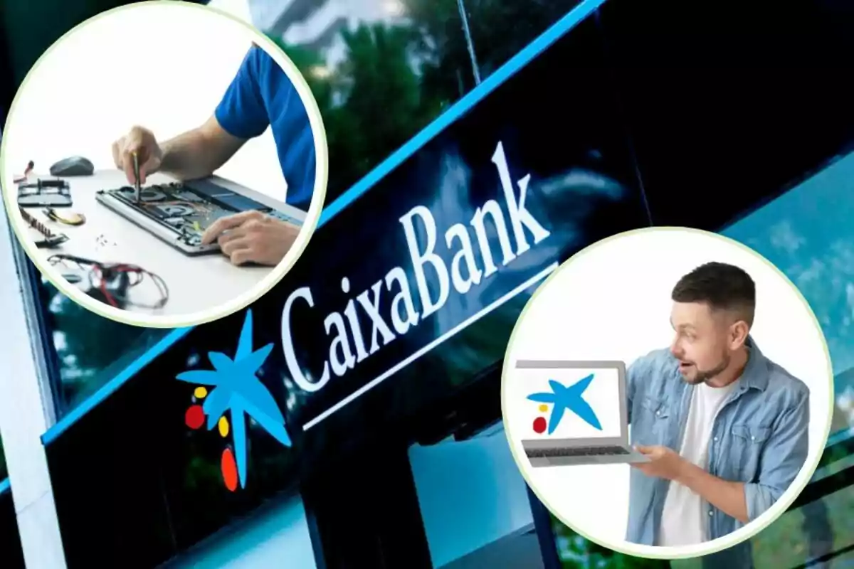 Imatge que mostra el logotip de CaixaBank en un edifici, amb dos cercles superposats: un amb una persona reparant un dispositiu electrònic i un altre amb una persona sostenint un portàtil que mostra el logotip de CaixaBank.