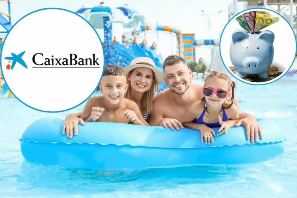 Una família gaudeix d?un dia a la piscina amb un flotador blau, mentre que a la imatge també es mostra el logotip de CaixaBank i una guardiola amb bitllets.