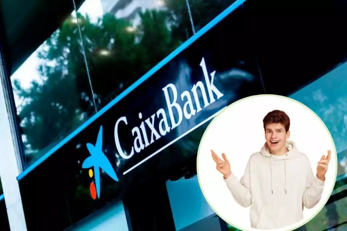 Un rètol de CaixaBank amb la imatge d?un jove sorprès en un cercle a la cantonada inferior dreta.