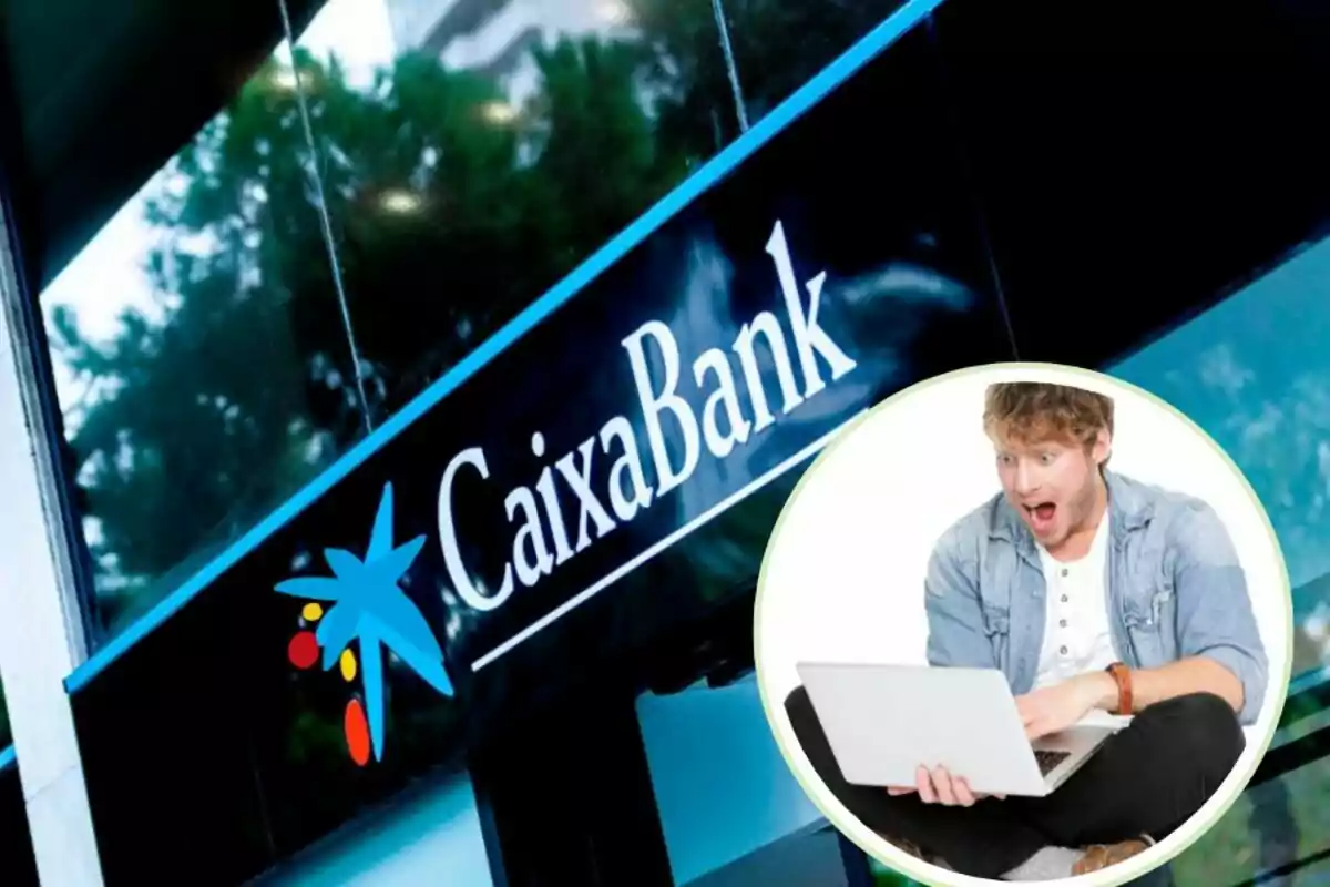 Logo de CaixaBank amb un home sorprès mirant un ordinador portàtil.