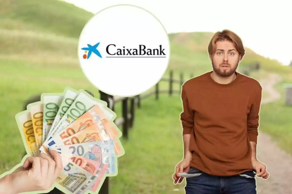 Un home amb expressió preocupada mostra les butxaques buides mentre una mà sosté bitllets d'euro i el logotip de CaixaBank apareix al fons.