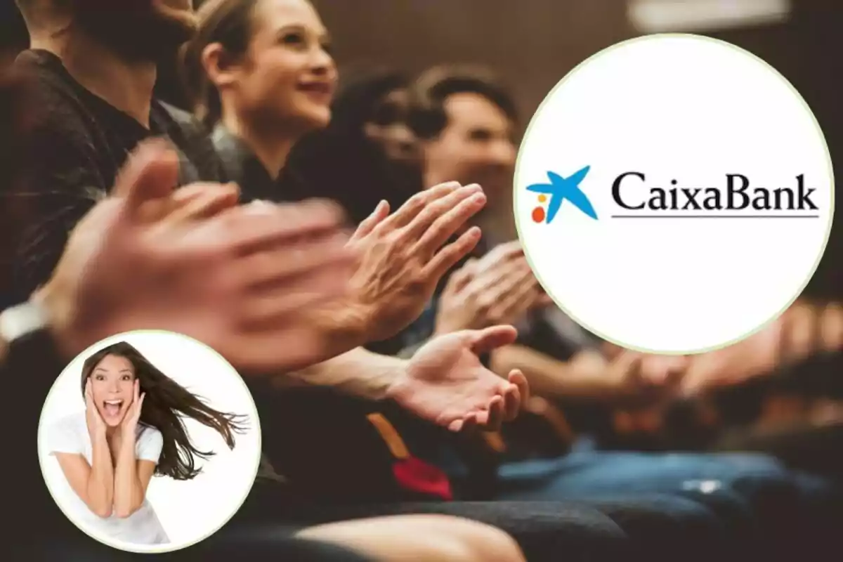 Persones aplaudint amb un logotip de CaixaBank i una dona sorpresa en cercles superposats.