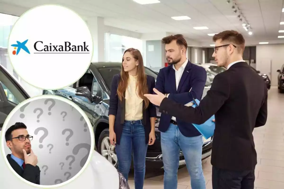 Persones en una concessionària de cotxes conversant amb un venedor, amb el logotip de CaixaBank i una imatge d'un home pensatiu amb signes d'interrogació.