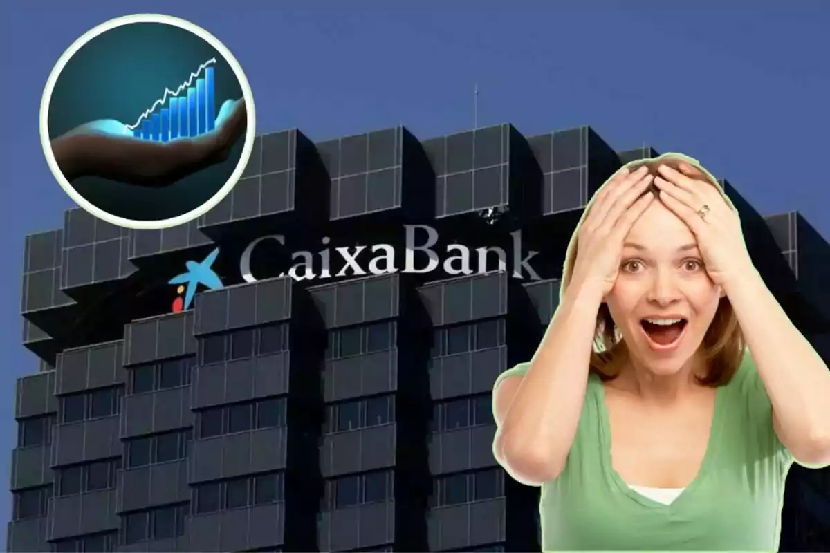 Una dona sorpresa davant d'un edifici de CaixaBank amb un gràfic de creixement en una mà a la cantonada superior esquerra.